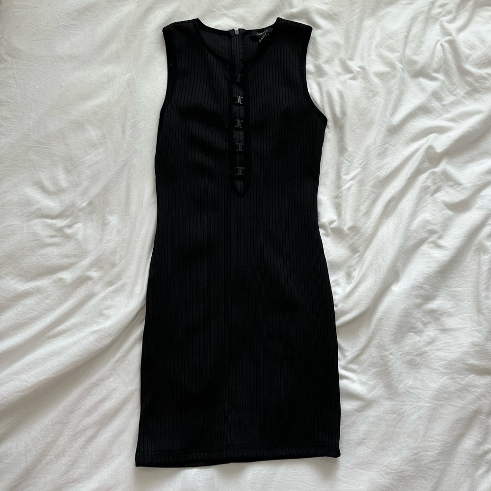 plunge hook closure ribbed bandage little black dress mini bodycon